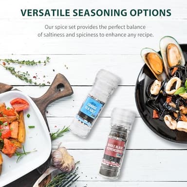 Soeos Sea Salt 3.5 oz + Black Peppercorns 1.8 oz, Salt for Grinder Refill, Salt and Peppercorns, Pepper Grinder Refill, Non-GMO Spice Seasoning Set For Cooking (150g Grinders, Glass Bottle) - Image 7