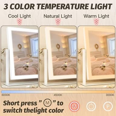 FENNIO Vanity Mirror with Lights 13'' x 17'' Makeup Mirror with Lights,Vanity Mirror Touch Screen with 3-Color Lighting,Dimmable,for Vanity Desk Bedroom White - Image 2