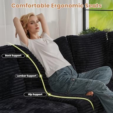 ovios Modular Sectional Sofa Couch with Sofa Bed L-Shape Chaise, Comfy Plush Corduroy Cloud Couches, Modern Deep Seat Sofas Set for Living Room, 6-Seater, Black - Image 3