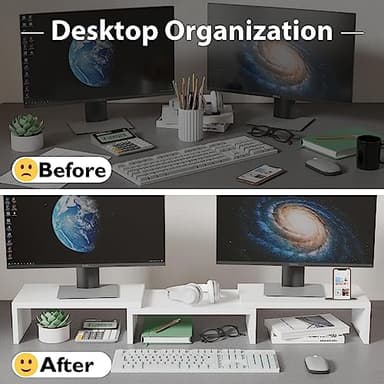 BONTEC Dual Monitor Stand for Desk, Adjustable Length and Angle Monitor Stand Riser with Smartphone Holder, Desk Shelf for Top of Desk, Computer Monitor Stand with Storage, Office Desk Organizer, White - Image 2