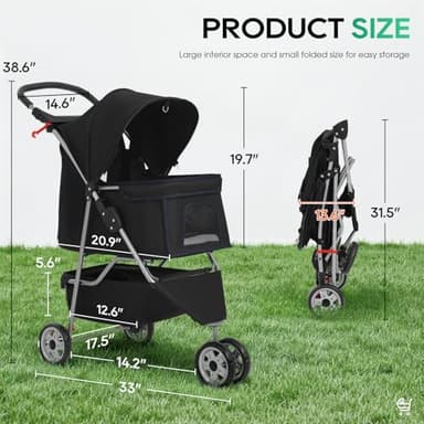 BestPet | 3-Wheel Pet Stroller | Dog and Cat Stroller | Breathable Mesh | Lightweight Travel Carrier | Waterproof & Foldable Design | Storage Basket | Black | for Daily Walks & Outdoor Use - Image 7