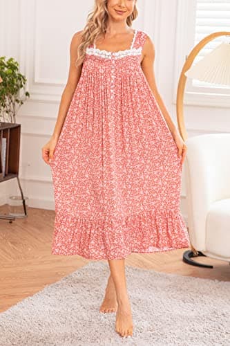 AVIIER Cotton Nightgowns for Women Sleeveless House Dress Ladies Long Nightdress with Pockets (Brown Red, Large)… - Image 4