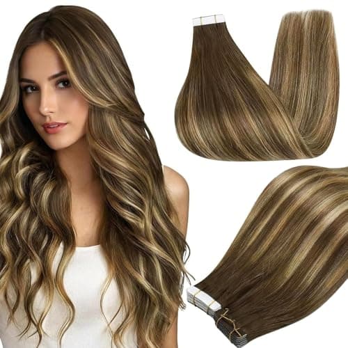 Full Shine Balayage Tape in Hair Extensions Human Hair Color 4 Brown Ombre 24 Blonde And 4 Brown Seamless Skin Weft Invisible Remy Tape in Extensions 24Inch for Women 50Gram 20Pcs Natural Straight - Image 1