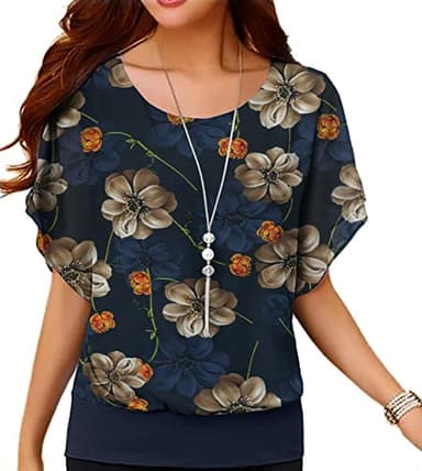 VIISHOW Women Floral Printed Chiffon Blouse Round Neck Short Sleeve Top Shirts, Navy Blue Peony, 3X-Large - Image 4