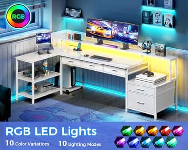 AODK L Shaped Desk with 5 File Drawers, 75" Reversible L Shaped Computer Desk with Power Outlet & LED Strip, Office Desk with Storage Shelves, Gaming Table with Monitor Shelf, Corner Table, White - Image 5