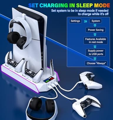 PS5/PS5-Slim-Cooling-Station-with-Controller-Charging-Station for Playstation 5 Console Disc/Digital, LED Light Cooling Stand with Cooler Fan for PS5 Accessories with 3 USB Hubs/Headset Holder - Image 9