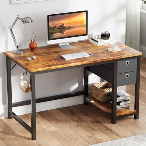 SMUG Computer Desk with Storage Drawers, Small Office Desk Modern Simple Study Writing Table for Home Bedroom, Spacious 40X24 Desktop with 2-Tier Drawer, Rust - Image 1