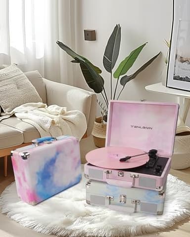 Watercolor Vinyl Record Player with Treble & Bass Control, Vintage 3-Speed Bluetooth Suitcase Portable Turntables with Built-in Speakers, 33 45 78 RPM LP Player Support RCA/AUX/Headphone Jack, Pink - Image 8