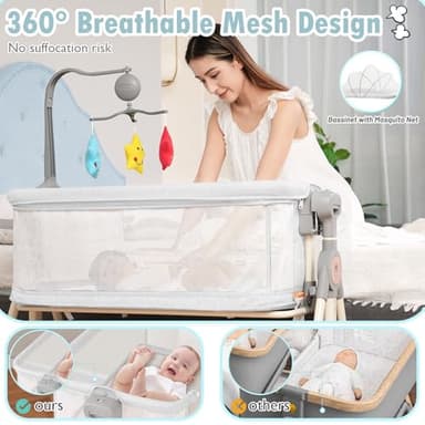 Rocking Baby Bassinet, Bedside Bassinet for Baby, 3 in 1 Bedside Sleeper with Musical Toys, Storage Basket and Wheels, Adjustable Bedside Crib for Newborn, White - Image 4