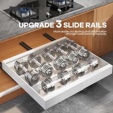 Seinloes 2 Pack Expandable (15.1"-26.3") Pull Out Cabinet Organizer 21" Deep With Raising Pad for Framed Cabinets,Upgrade 3 Slide Rails Slide Out Drawers,No Drill Roll Out Shelves Adhesive,White - Image 5
