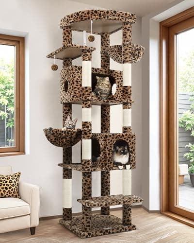 Globlazer Heavy Duty Cat Tree, 74inch Sturdy Cat Tower for Large Cats Adult, Big Cat Tree with 7 Sisal Scratching Posts, 2 Padded Cat Condos, 2 Hanging Baskets, Enlarged Top Perch, S74, Leopard Print - Image 1