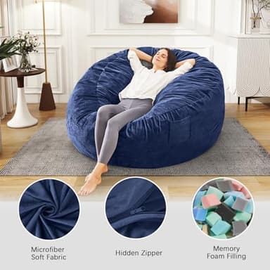 Bean Bag Chairs for Adults - Giant Bean Bag Chair Convertible Bean Bag Bed - Beanbag Chair with Micro Fiber Cover/Furniture Foam Filler - Floor Couch Sofa in Bedroom Dorm Room - Queen Navy Blue - Image 6