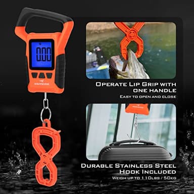 KastKing Fish Scale, WideView Floating Waterproof Digital Scale with No-Puncture Lip Gripper, 2.5” Large LCD Display, 110lb Capacity, Stores up to 9 Weights, Orange - Image 7