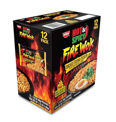 Nissin Fire Wok, Torched Teriyaki Chicken, Hot & Spicy Chile Infused Asian Noodles, 12 Pack - Image 1