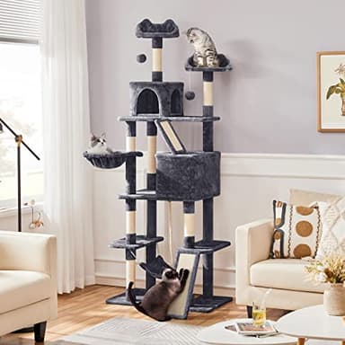 Yaheetech Cat Tree, 82.5in Large Tower w/Hammock, 2 Kitty-Ear Perches, 2 Cozy Condos, Scratching Posts, Basket, Furniture for Large Cats, Kittens, Dark Gray - Image 2