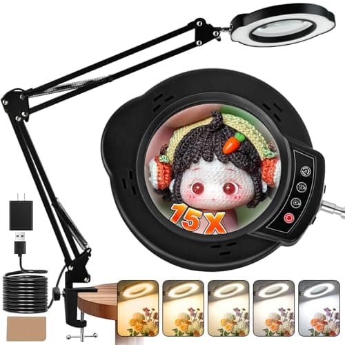 15X Magnifying Glass with Light and Clamp, Lighted Magnifying Glass Desk Lamp LED Magnifier Lamp with Light and Clamp 5 Color Mode 10 Brightness Dimmable Magnifier Lamp for Reading Close Work Craft - Image 1