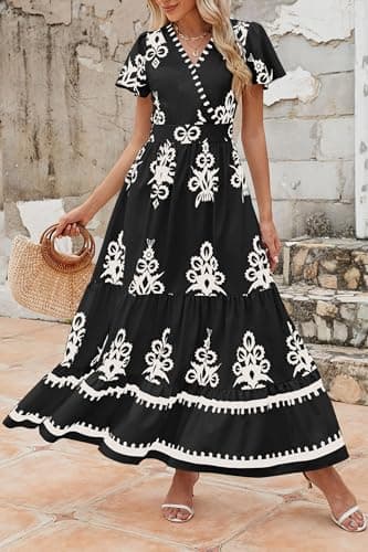 PRETTYGARDEN Womens 2025 Summer Casual V Neck Boho Maxi Dress Flowy Aline Bell Sleeve Tiered Floral Dresses with Pocket (Floral Black White,X-Large) - Image 8