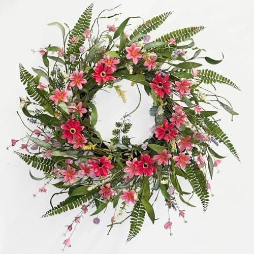 24" Artificial Spring Wreaths for Front Door, Handmade Pink Daisy Flower, Summer Large Wreath for Festival Wall Window Porch Patio Garden Farmhouse Decor - Image 1