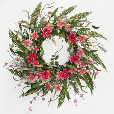24" Artificial Spring Wreaths for Front Door, Handmade Pink Daisy Flower, Summer Large Wreath for Festival Wall Window Porch Patio Garden Farmhouse Decor - Image 1