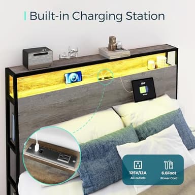 LINSY King Size Bed Frame, Ergonomic Storage Headboard with Charging Station& LED Lights, Fast Assembly King Bed Frame, Noise Free, No Box Spring Needed, Greige - Image 4