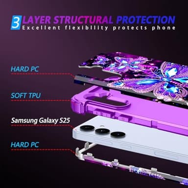 Miqala for Galaxy S25 5G Case,Glow in The Dark Three Layer Heavy Duty Shockproof Full Protection Hard Plastic Bumper+Soft Silicone Protective Case for Samsung Galaxy S25 6.2 inch,Dark Butterfly - Image 4