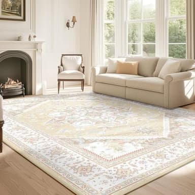 BESTSWEETIE 8x10 Area Rugs for Living Room Washable Non Slip Carpet Low Pile Soft Vintage Print Pattern Rug for Bedroom Dining Room Kitchen Entryway Indoor-Cream/Light Yellow/Brown/Blue/Red/Pink - Image 1