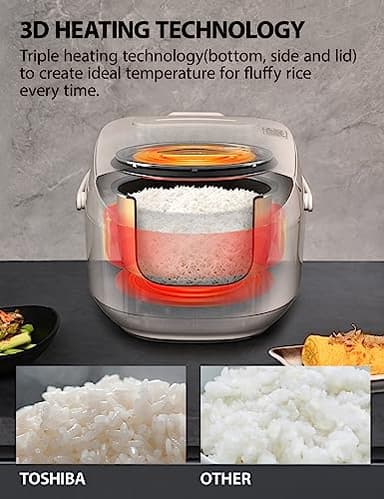 Toshiba Rice Cooker 6 Cup Uncooked – Japanese Rice Cooker with Fuzzy Logic Technology, 7 Cooking Functions, Digital Display, 2 Delay Timers and Auto Keep Warm, Non-Stick Inner Pot, White - Image 3