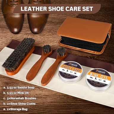 Nuroon 8 Pieces Shoe Polish Kit, 3.5oz Saddle Soap for Leather Cleaning, 3.5oz Mink Oil for Boots Polish, 3 Horsehair Shoe Brushes, Shoe Polish Cloths, Leather Cleaner and Conditioner - Image 5