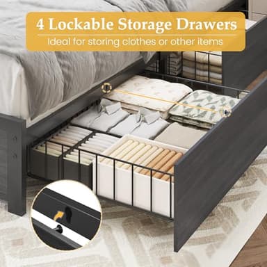 HISOFT Queen Bed Frame with Headboard, Queen Bed Frame with High Storage Bookcase, 4 Storage Drawers & LED & Charging Station,No Box Spring Needed/Noise Free/All-Metal Support, Grey - Image 7