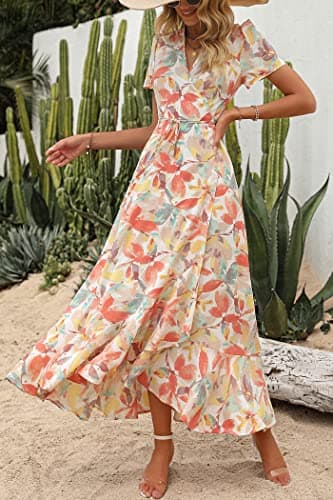 PRETTYGARDEN Women's Summer Wrap Maxi Dress Casual Boho Floral V Neck Short Sleeve Ruffle Hem Split Beach Long Dresses (White Floral,Large) - Image 6
