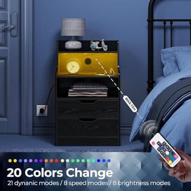 Rolanstar Nightstand with Charging Station and LED Lights, 2 AC and USB Power Outlets, Night Stand with 2 Drawers and Storage Shelves, Bedside Table for Bedroom - Black - Image 4