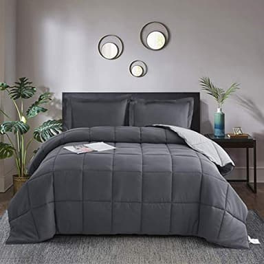 HIG 3pc Grey King Size Comforter Set - All Season Reversible Down Alternative Comforter with Two Shams - Quilted Duvet Insert with Corner Tabs - Box Stitched Blanket - Breathable, Soft - Image 1