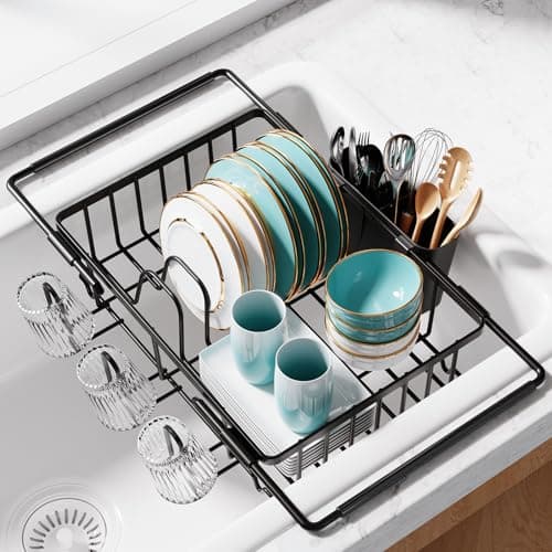Sakugi Dish Drying Rack in Sink - Expandable Stainless Steel Dish Rack Over The Sink, Kitchen Sink Drain Strainer with Cutlery Holder & Cup Holders, 15.4 x 9.8 x 3.0 Inch, Black - Image 1