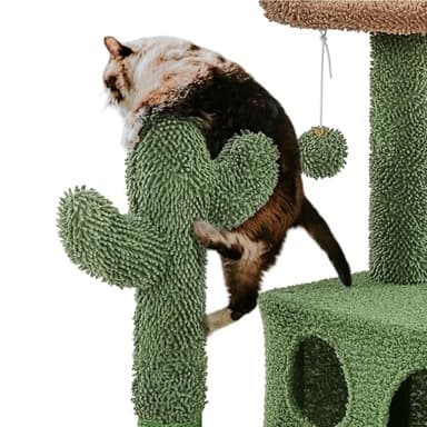 Yaheetech Cactus Cat Tree, 54.5in Tower w/Ramp, Animal-Ear Shaped Perch, Scratching Posts, Platform & Hanging Ball, Multi-Level Condo for Indoor Kittens, Green/Brown - Image 3