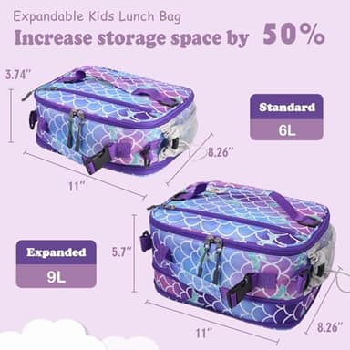 CaCTOUR Lunch Box Kids, Expandable Insulated Lunchbox for Girls Boys, Soft Cooler Bag with Strap,Back to School Thermal Reusable Lunch Bag for Work School Picnic (Mermaid) - Image 2