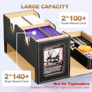 UAONO MTG Deck Box with 2 Commander Display and Dice Tray-Patented Design, Double Deck Box for 280+ Single Sleeved Cards, Leather Magnetic Card Storage Box Fits for TCG CCG Magic Cards (Black&Khaki) - Image 4