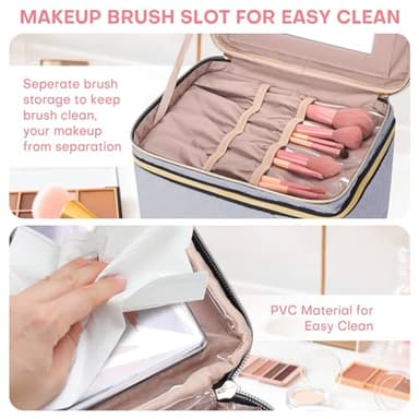 HXLGMD Large Makeup Bag with Mirror Double Layer Travel Make Up Organizer Case, Large Capacity Coemetic with Brush Slot Divider, Travel Toiletry Bag for Women (Grey) - Image 7