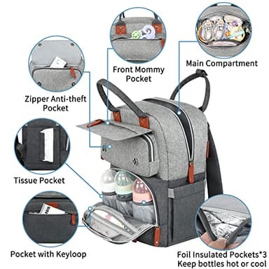 Diaper Bag Backpack, Baby Bag for Boys Girls, Large Diaper Backpack Travel Diaper Bags with Insulated Pockets Baby Registry Search Shower Gifts Newborn Essentials for Mom Dad, Waterproof Grey - Image 4