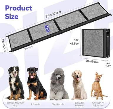 67''L & 20''W Portable Dog Ramp for Car - Extra Wide Pet Ramp Dog Ramps for Medium&Large Dogs with Non-Slip Rug Surface, Lightweight Dog Steps Stair Up to 250LBS, Get Into a Car SUV/Truck/RV/High Bed - Image 3