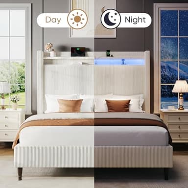 Queen Bed Frame with Tall Headboard, 55.3" Upholstered Platform Bed Frame with LED Lights & Charging Station, Elegant Corduroy Bed Frames/Wingback Headboard, No Box Spring Needed,Easy Assembly, Cream - Image 7