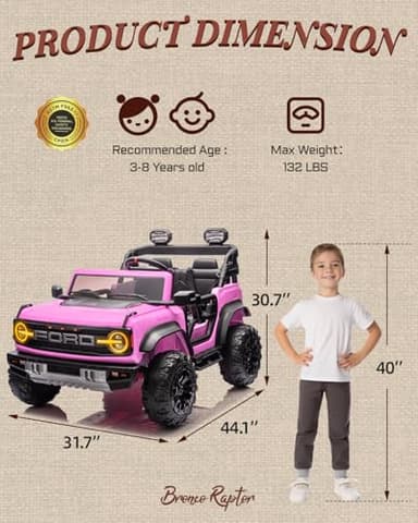 First Ride On 24V Ride on Toys for Big Kids, Licensed Ford Bronco Raptor 2 Seater Ride on Cars with Remote Control, Ride on Truck w/ 4-Wheeler Suspension, 3 Speeds, Led Lights, Bluetooth (24V, Pink) - Image 2