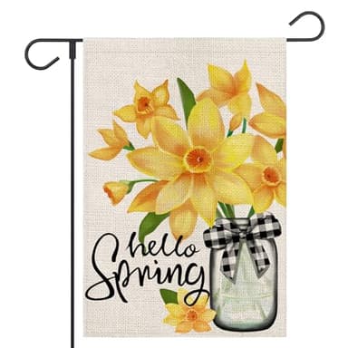 OPULANE Hello Spring Garden Flag Mason Jar Floral Buffalo Plaid Bow 12x18 Inch Double Sided Outside Small Burlap for Seasonal Yard Decoration Flag - Image 1