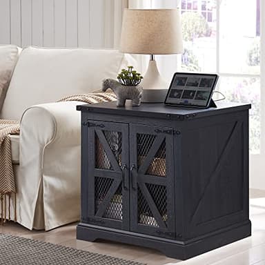 JXQTLINGMU Farmhouse End Table, 24" Large Sofa Side Table with Charging Station, Mesh Barn Door, and Adjustable Storage Shelf, Rustic Wood Square Nightstand for Living Room, Bedroom, Office, Black - Image 1