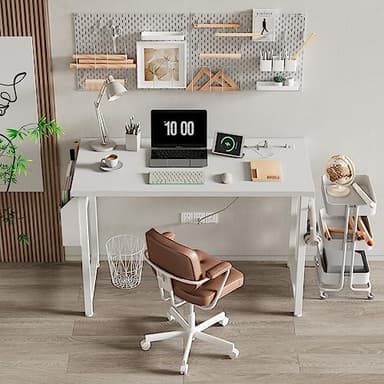 Lufeiya White Computer Desk with Power Outlet, 40 inch Simple Teen Study Table Home Office Work Writing Desks with Charging Station Outlets USB Port Built in, Storage Pocket,White - Image 2