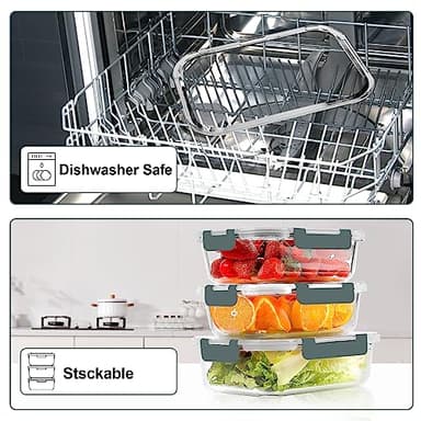 VERONES 10 Pack Glass Meal Prep Containers, Airtight Glass Lunch Containers, Stackable Glass Food Storage Containers Set with Lids,Exclusive of BPA,for Microwave, Oven, Freezer & Dishwasher,Grey - Image 6
