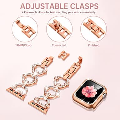 Mesime Compatible with Apple Watch Band 38mm 40mm 41mm 42mm 44mm 45mm , Women Girl Bling Diamond Jewelry Metal Strap Bands with Crystal Tempered Glass Screen Protector Case, Round Shiny Bracelet - Image 4