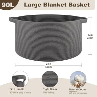 OIAHOMY 90L Large Blanket Basket with Handle, Blanket Storage for Living Room 23" x 23" x 13", Laundry Basket for Blankets, Pillows, Large Woven Rope Baskets for Kids, Dogs Toys - Grey - Image 2