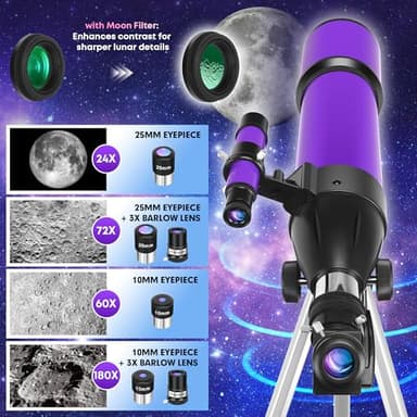 HUGERSTAR Telescope, Telescope for Adults & Kids & Astronomy Beginners, 80mm Aperture 600mm Portable Refractor Telescopes Fully Multi-Coated Optics with AZ Mount Tripod, Phone Adapter and Moon Filter - Image 3