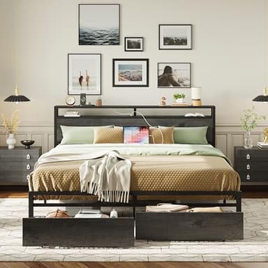 LIKIMIO California King Bed Frame with Storage Headboard, Platform Bed with Drawers and Charging Station, No Box Spring Needed, Easy Assembly, Charcoal Grey - Image 1