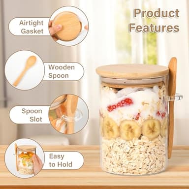 Overnight Oats Containers with Lids,4 Pack 18oz Overnight Oats Jars with Spoons,Salad Meal Prep Jar with Bamboo Lids for Chia Seed Pudding Salad Cereal Coffee Flour,Sourdough Starter Jar for Bread - Image 2
